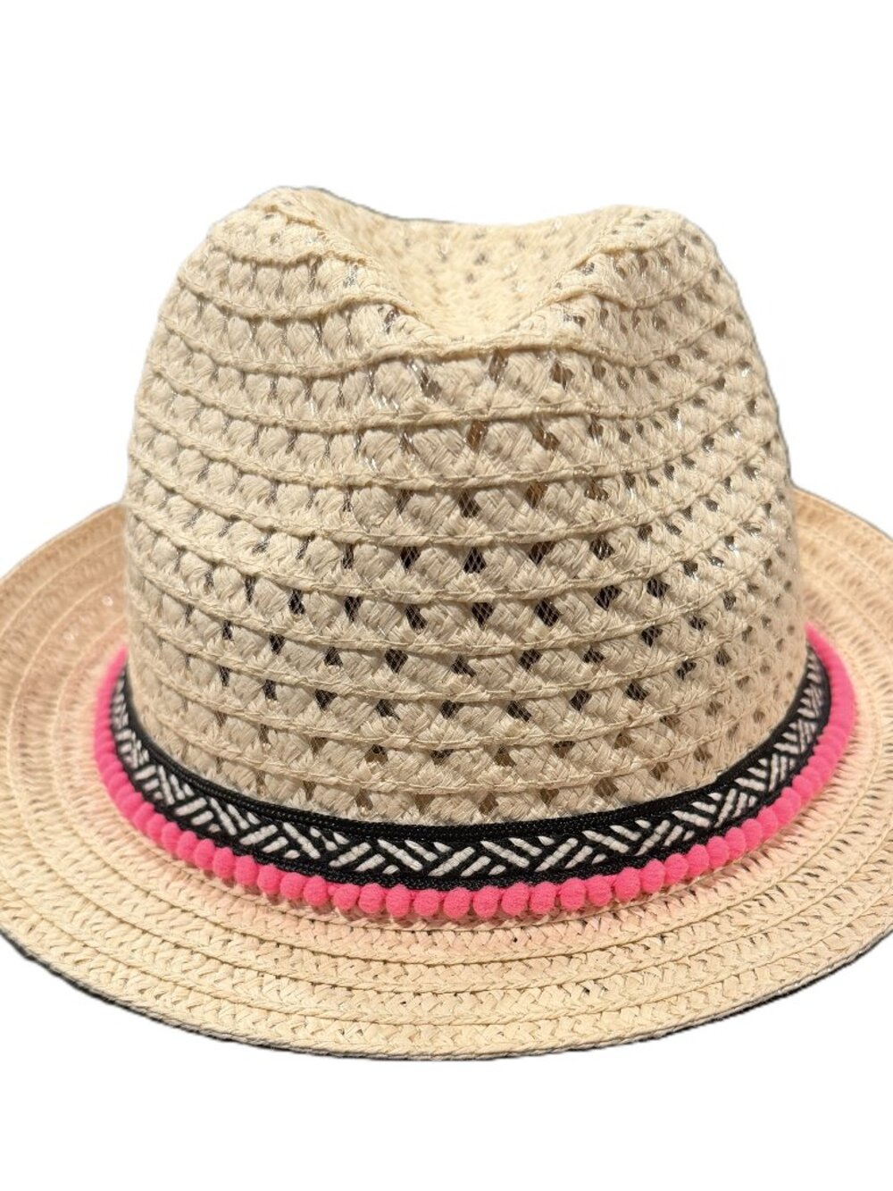 Women's Faux Straw Fedora Hat One Size Fits Most Pink Black Accents